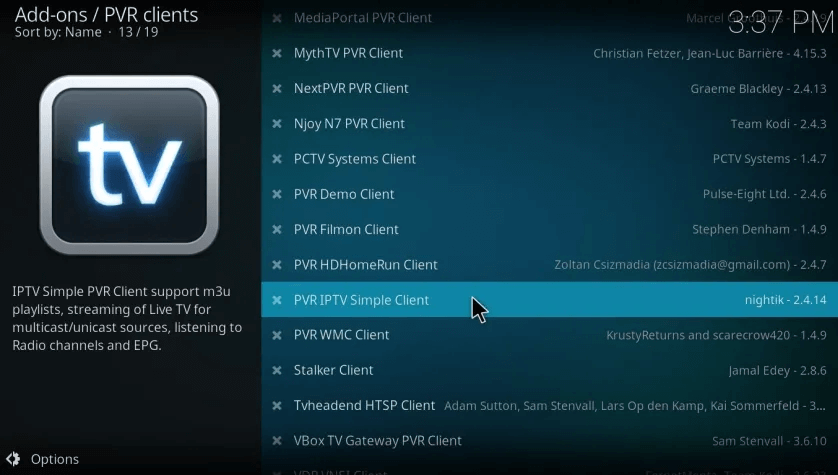 Choose the PVR IPTV Simple Client 